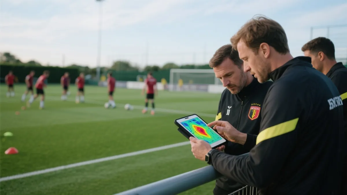 教练组在平板上查看战术热图与跑动数据，球员在训练场进行分组对抗
